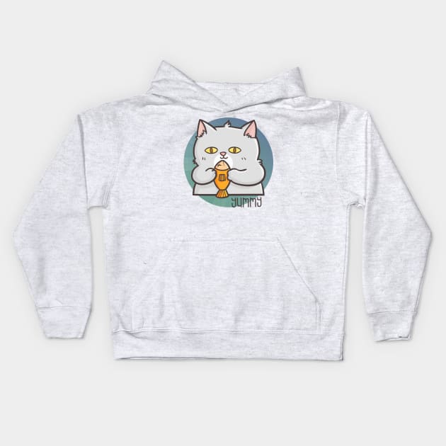 Funny Cute Fat Cat Holding a Fish Kids Hoodie by Jocularity Art